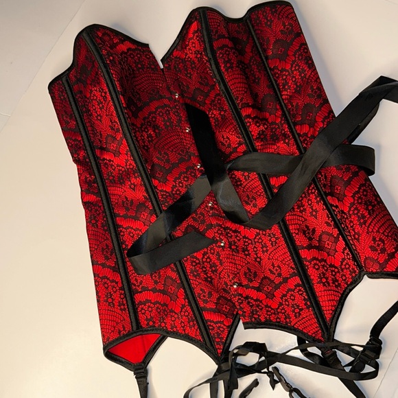 ADORE ME Scarlett Burlesque Strapless Red|Black Satin Lace Up Corset & Garters - Picture 10 of 15